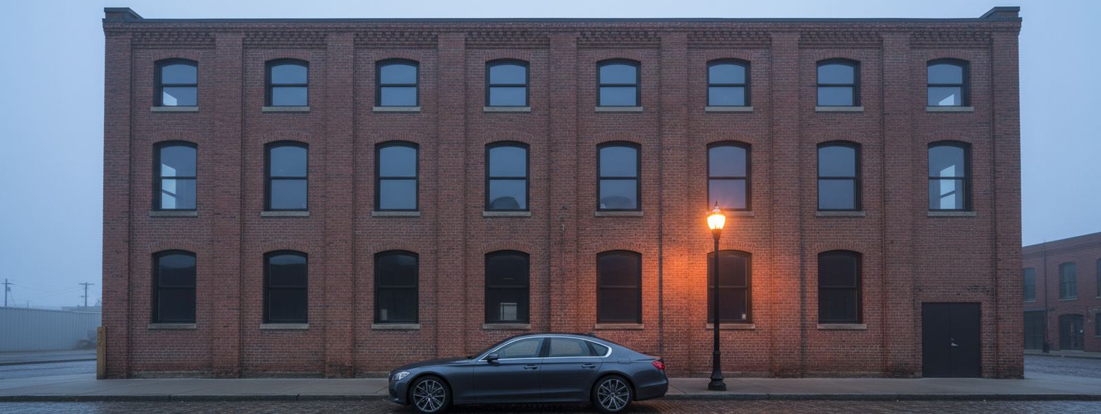 A dark sedan parked on a cobbled street before a three-story brick warehouse with arched windows and a lit lamp in fog