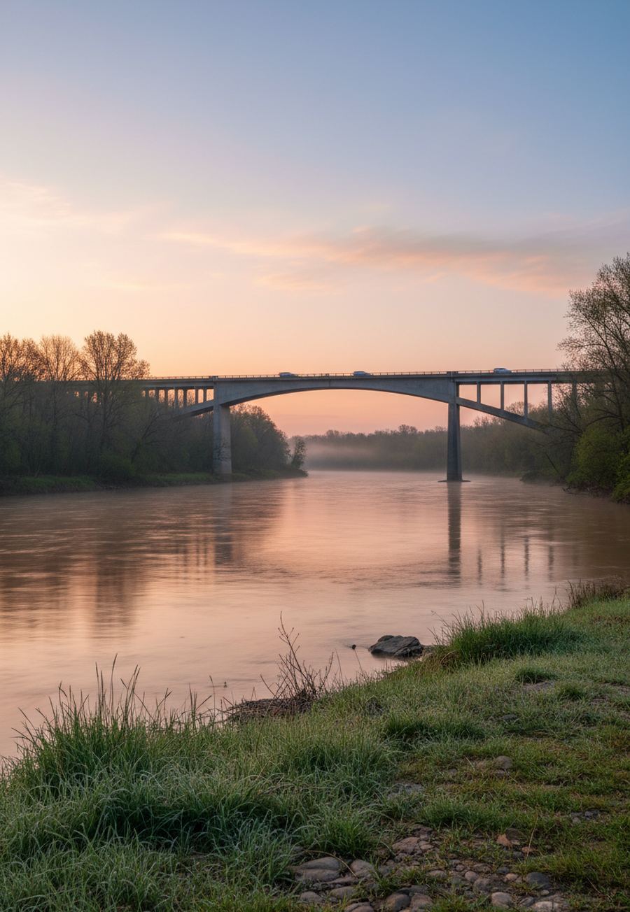 A concrete arch bridge spans a calm misty river at dawn, seen from a grassy riverbank with stones