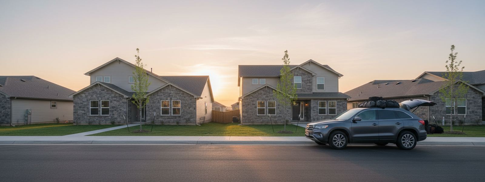 A dark SUV with bags on the roof and an open tailgate at the curb of a new street of stone houses at sunset